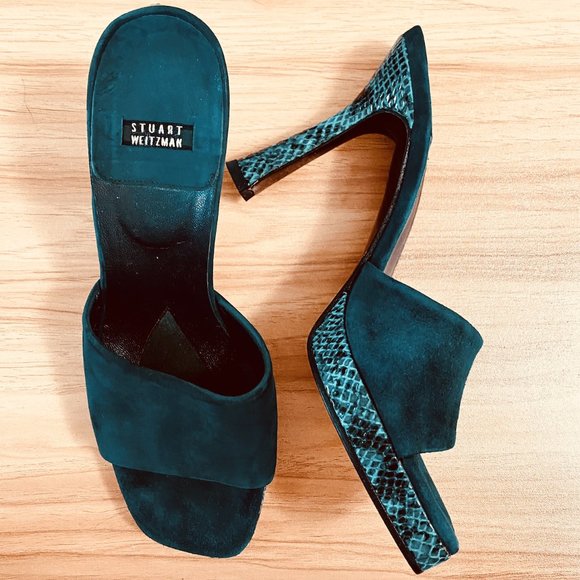 Stuart Weitzman Shoes - Stuart Weitzman Dark Teal Python Mules Sandals 8